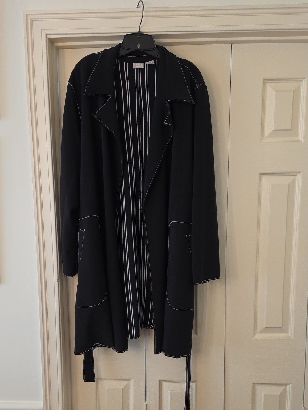 Chico's Black Open Front Trench Coat with White Contrast Stitching